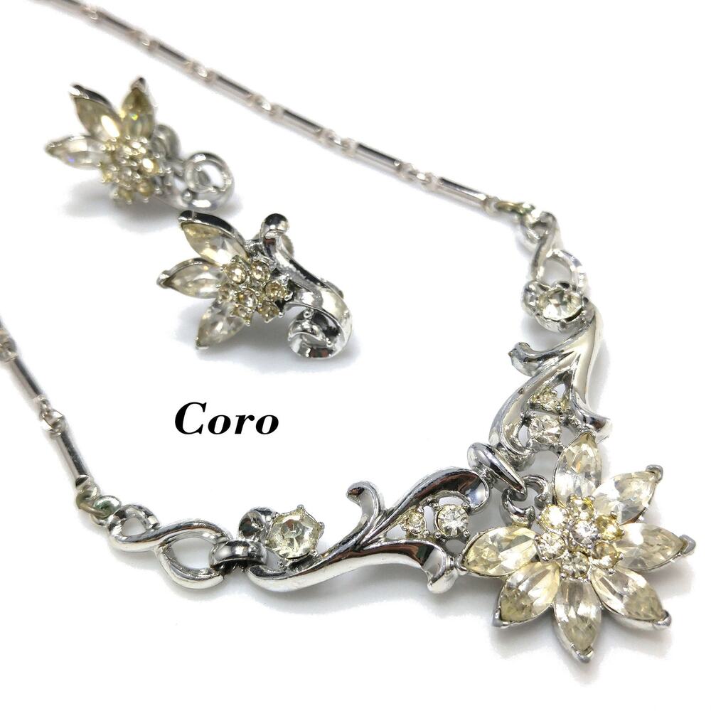 Coro Clear Rhinestone Rhodium Plated Necklace & Earrings, Wedding Jewelry Set
